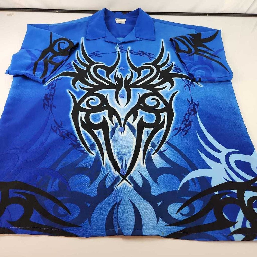 No Boundaries Button-Up Shirt Mens Blue Graffiti Short Sleeve Point Collar L